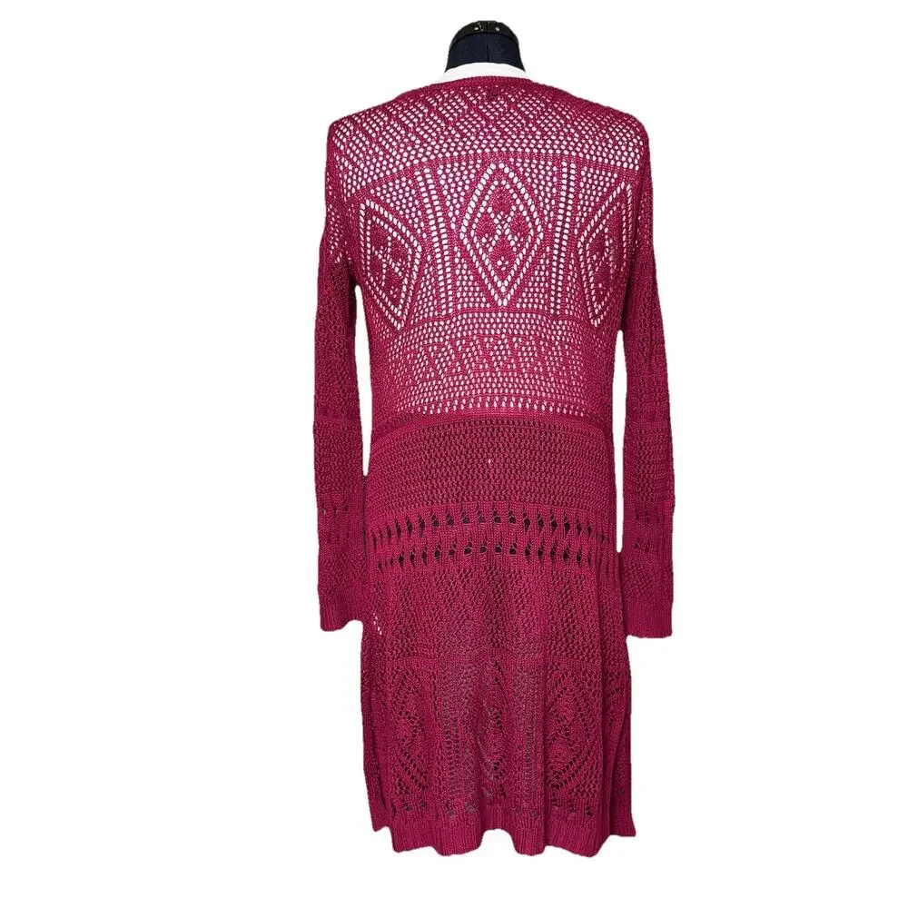 Ransom Womens Medium Sweater Red Burgundy Long Sleeve Knit Crochet Open Cardigan